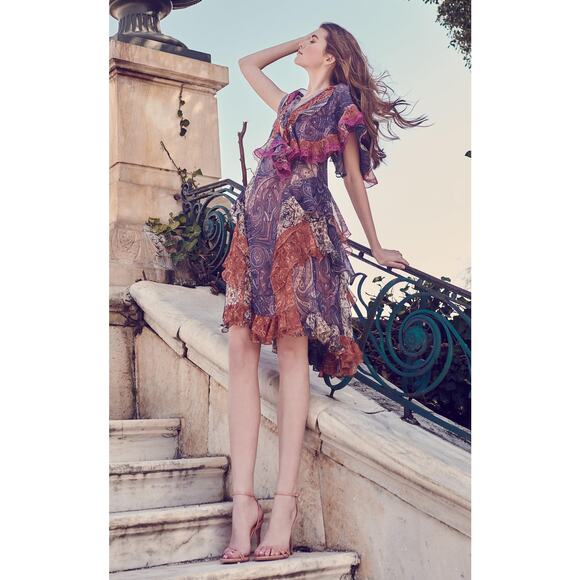 Costarellos Frill Ruffle Tiered Dress Bohemian Cottagcore Paisley Patches - Picture 4 of 13